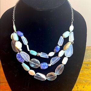 LOFT Beaded Clear/Blue/White Stones Silver Tone Chain Necklace 18” Long